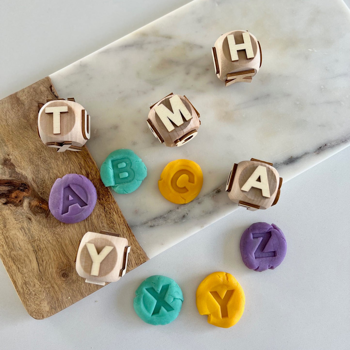 Alphabet wooden play dough stamp set