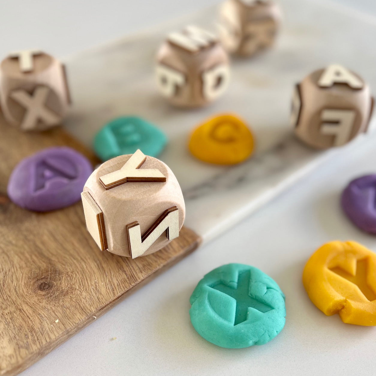 Alphabet wooden play dough stamp set