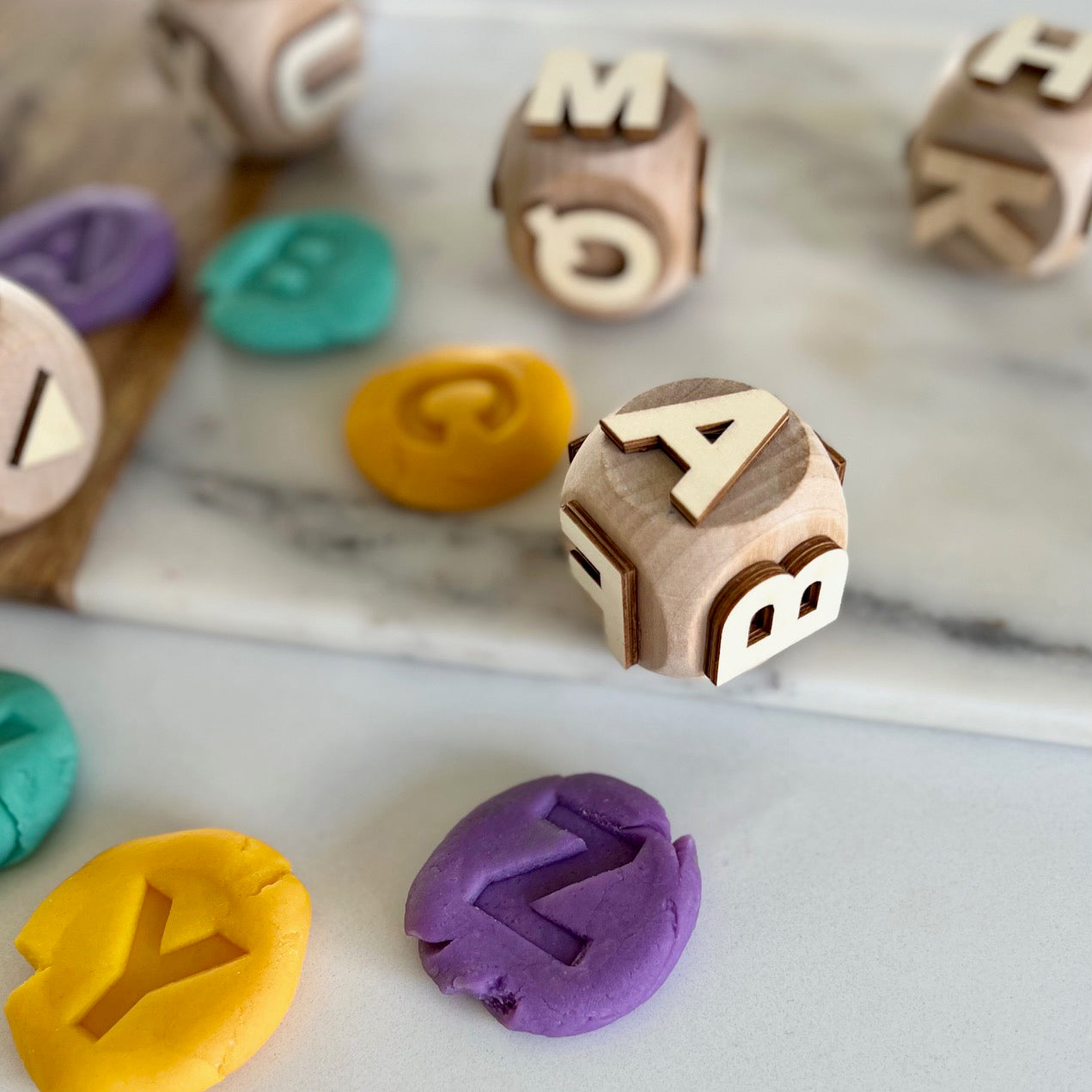 Alphabet wooden play dough stamp set